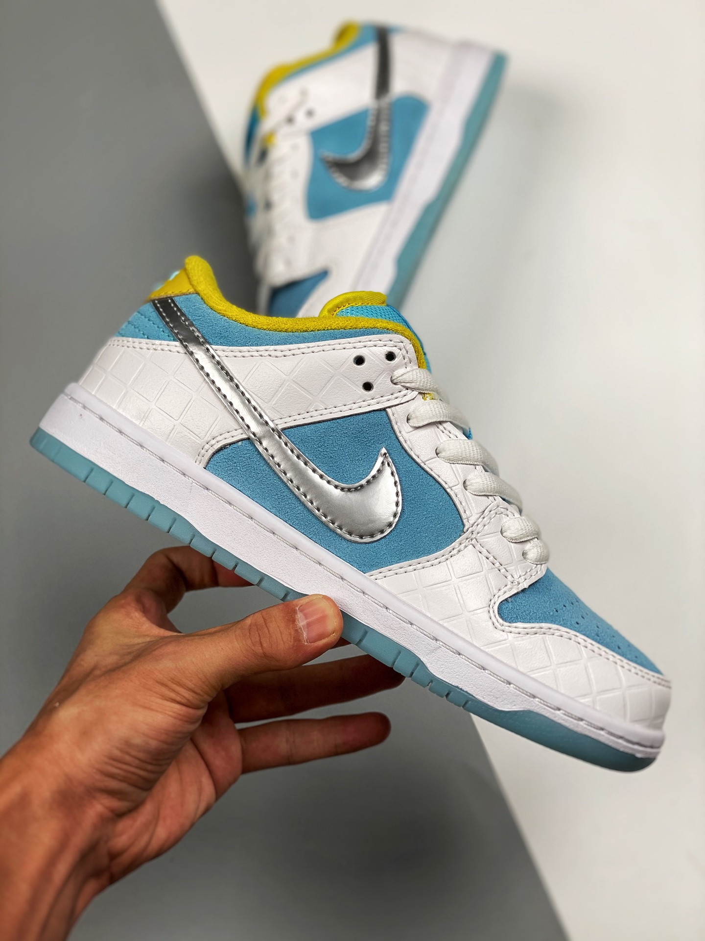 FTC x Nike SB Dunk Low White Lagoon Pulse-Metallic Silver-Speed Yellow For Sale