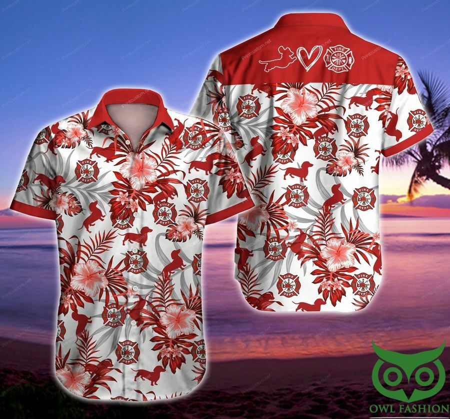 Firefighter Dachshund Red Flowers White Hawaiian Shirt