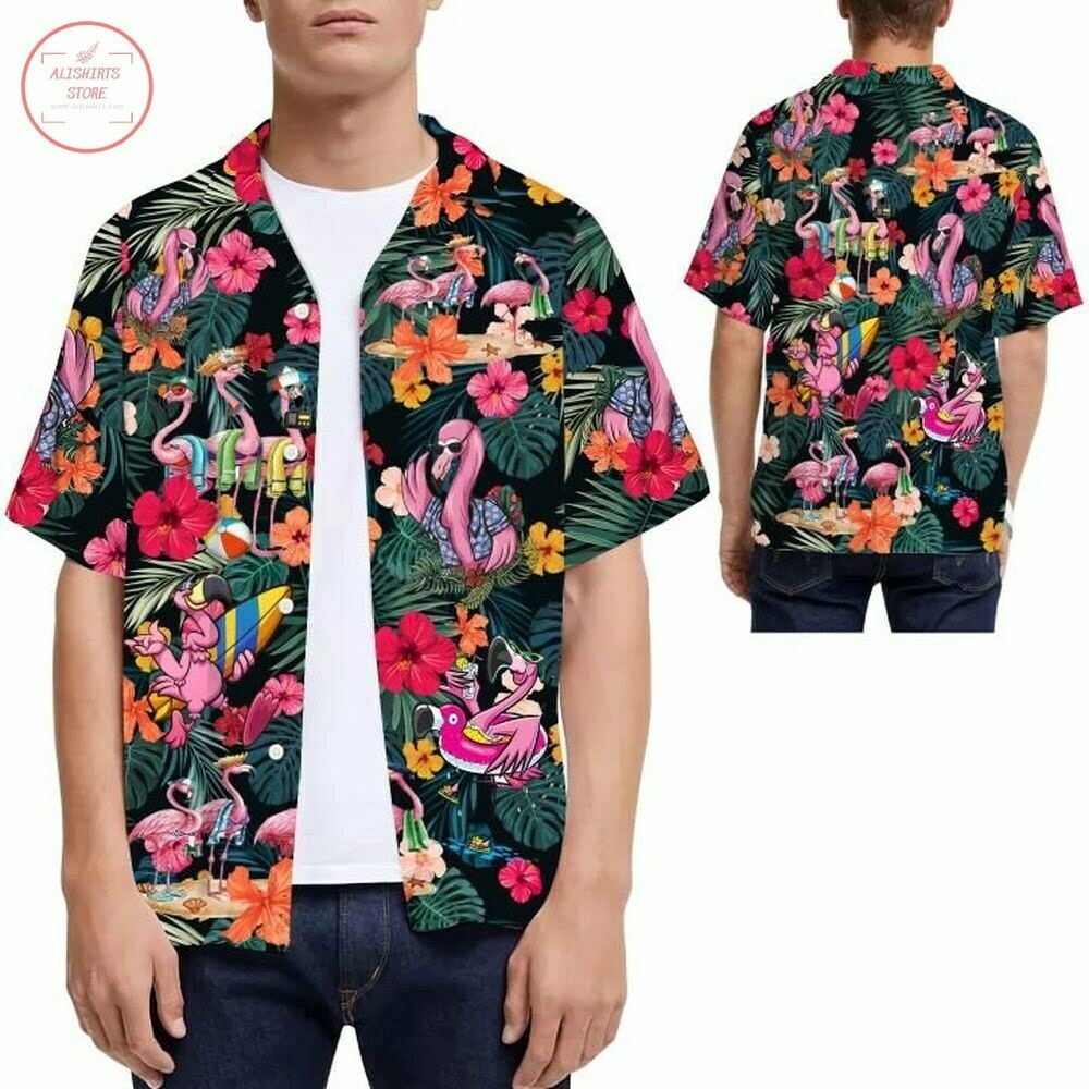 Flamingo Hibiscus Tropical Leaves Hawaiian Shirt