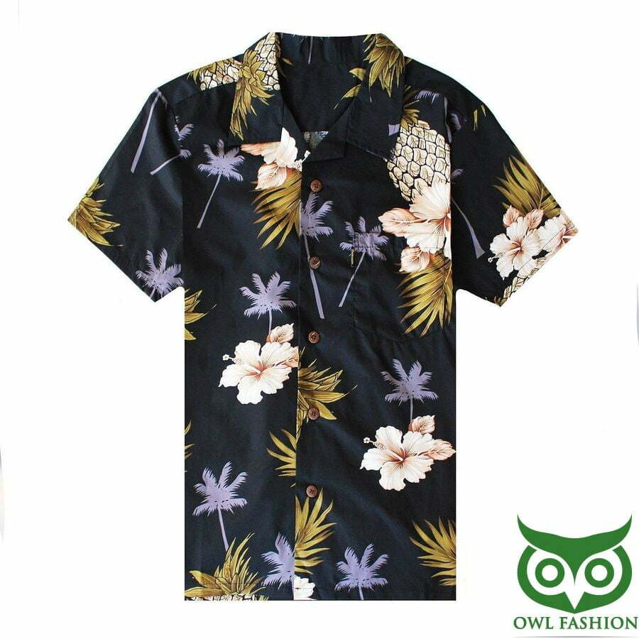 Floral Pineapple Black Hawaiian Shirt