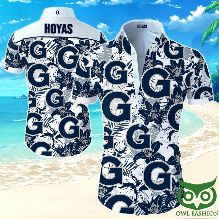 Georgetown Hoyas White And Sapphire Flowers Hawaiian Shirt