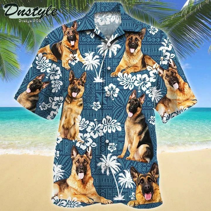 German Shepherd Dog Lovers Blue Tribal Pattern Hawaiian Shirt