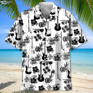 Guitar Black And White Pineapples Hibiscus Hawaiian Shirt