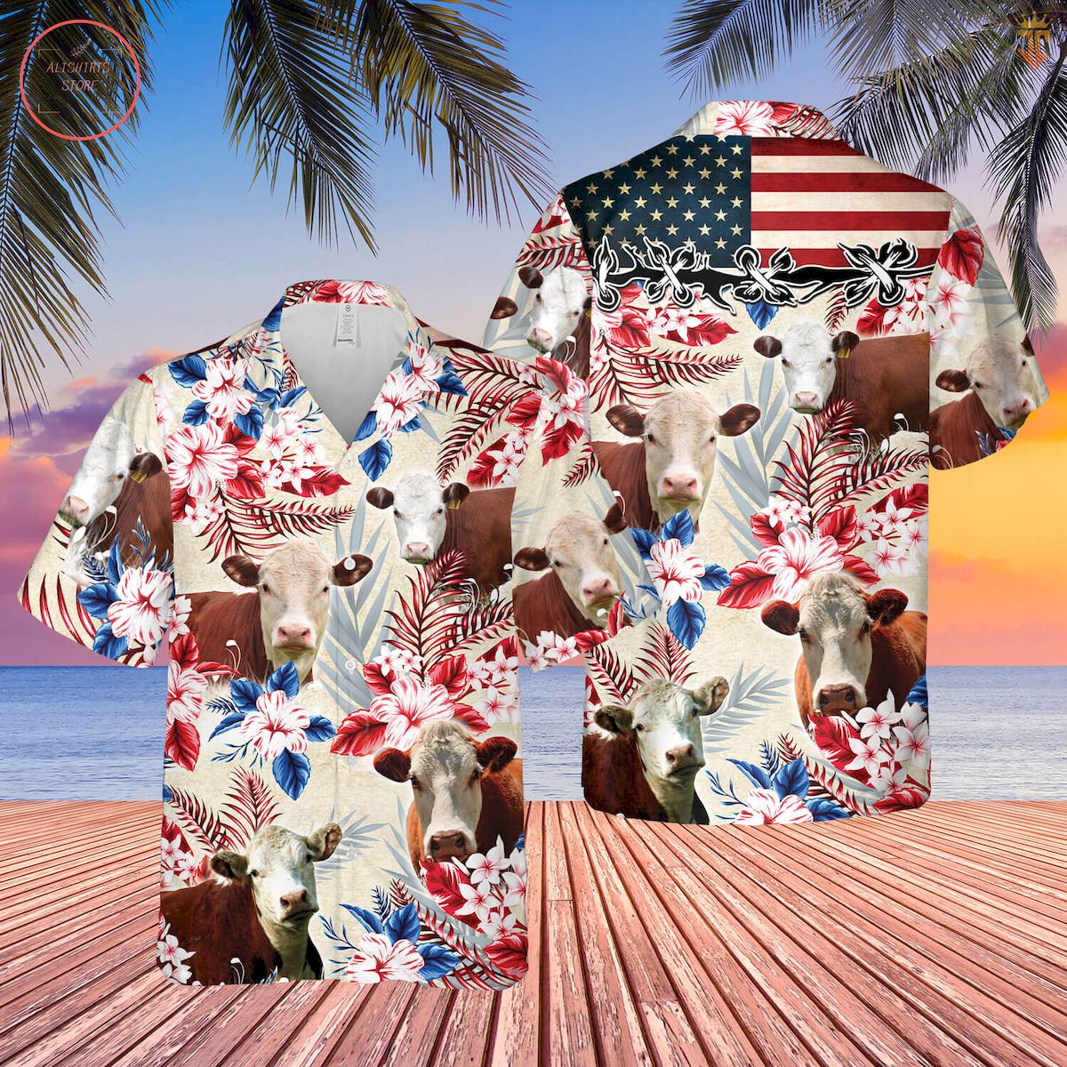 Hereford Cattle American Flag Hawaiian Shirt