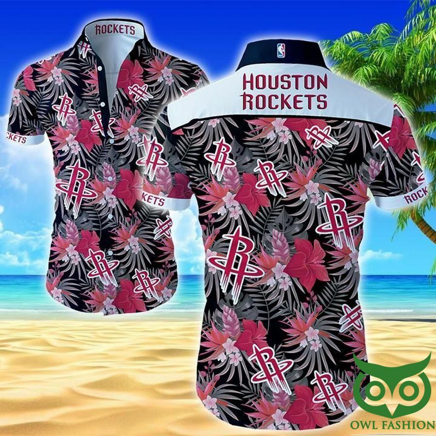 Houston Rockets Black And Pink Red Flowers Hawaiian Shirt