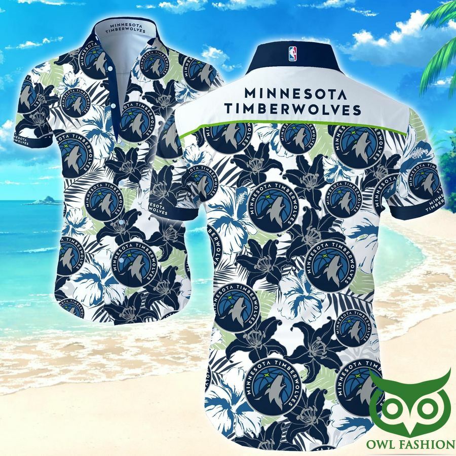 Minnesota Timberwolves White And Dark Blue Flowers Hawaiian Shirt