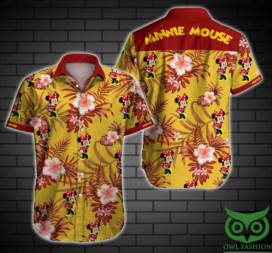 Minnie Cartoon Characters Red Leaves Yellow Hawaiian Shirt