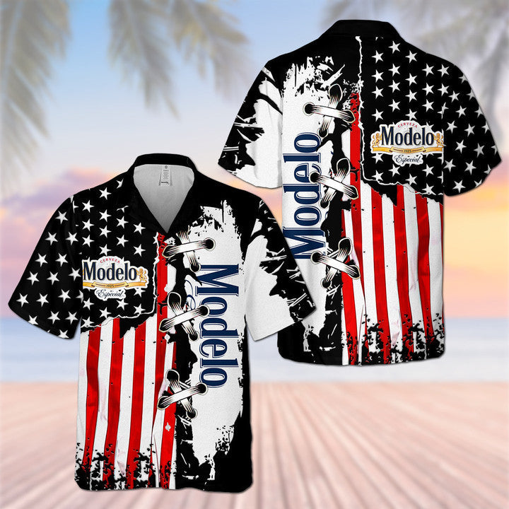 Modelo Usa Flag Cross Stitch Hawaiian Shirt