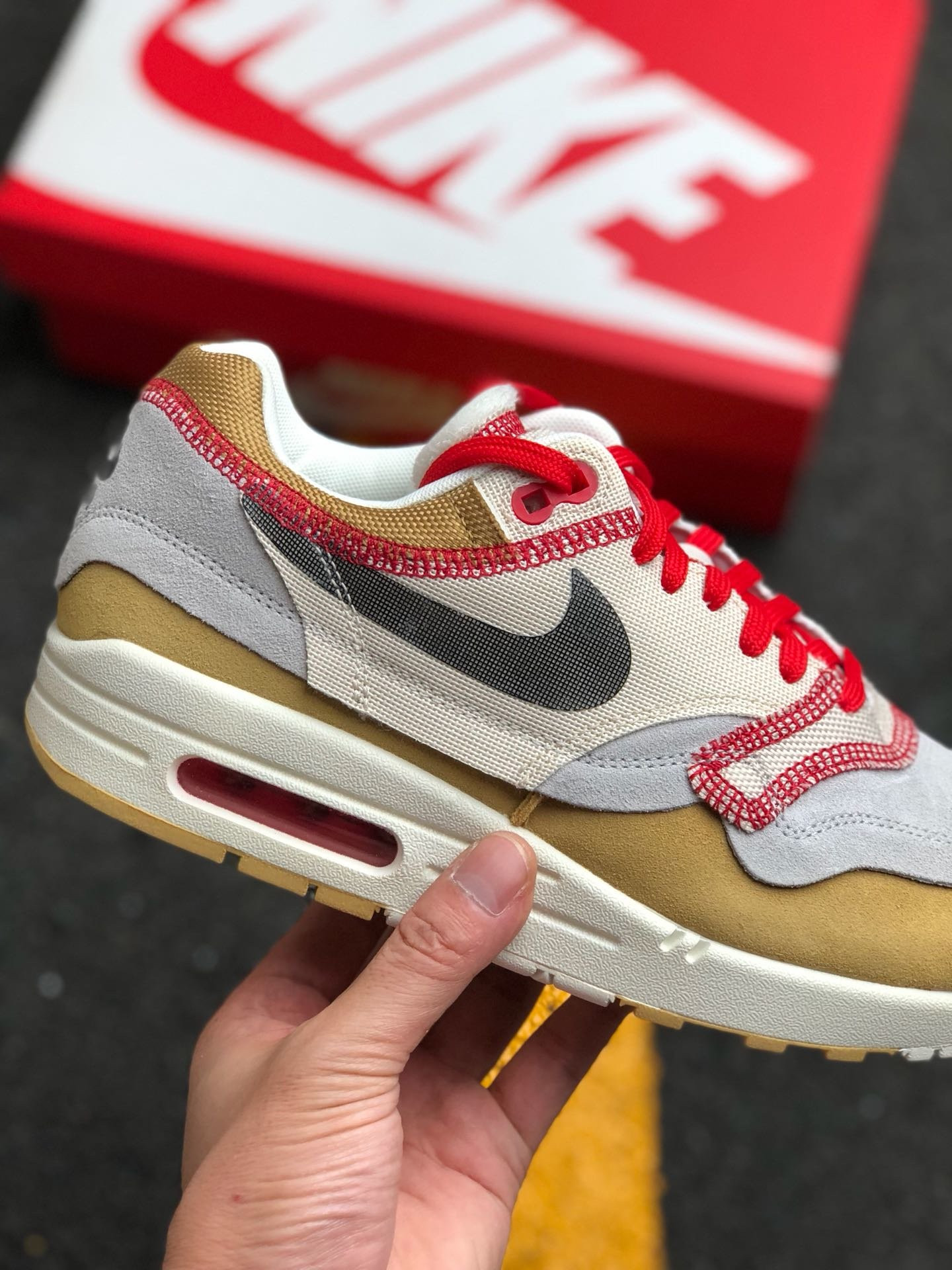 Nike Air Max 1 Inside Out Club Gold Black-White-Desert Sand-Sail-Red