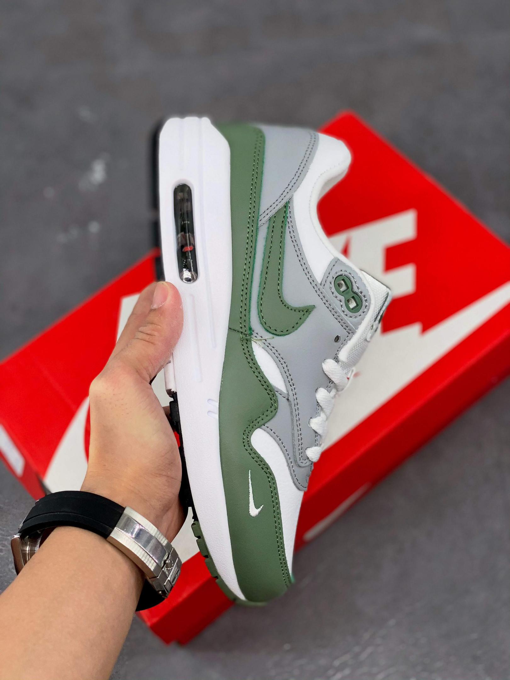 Nike Air Max 1 White Spiral Sage-Wolf Grey-Black For Sale