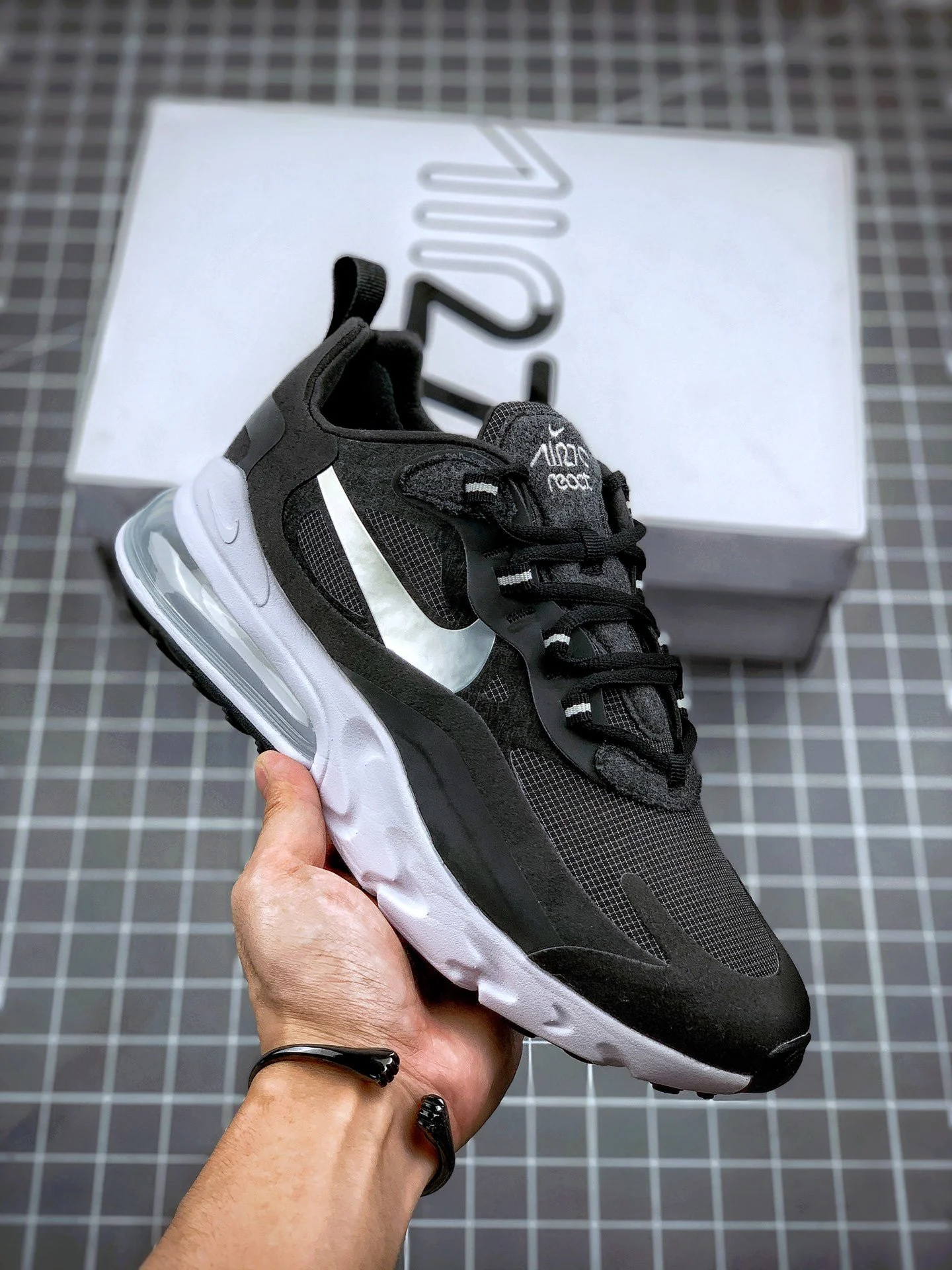 Nike Air Max 270 React Black Metallic SilverWhite For Sale