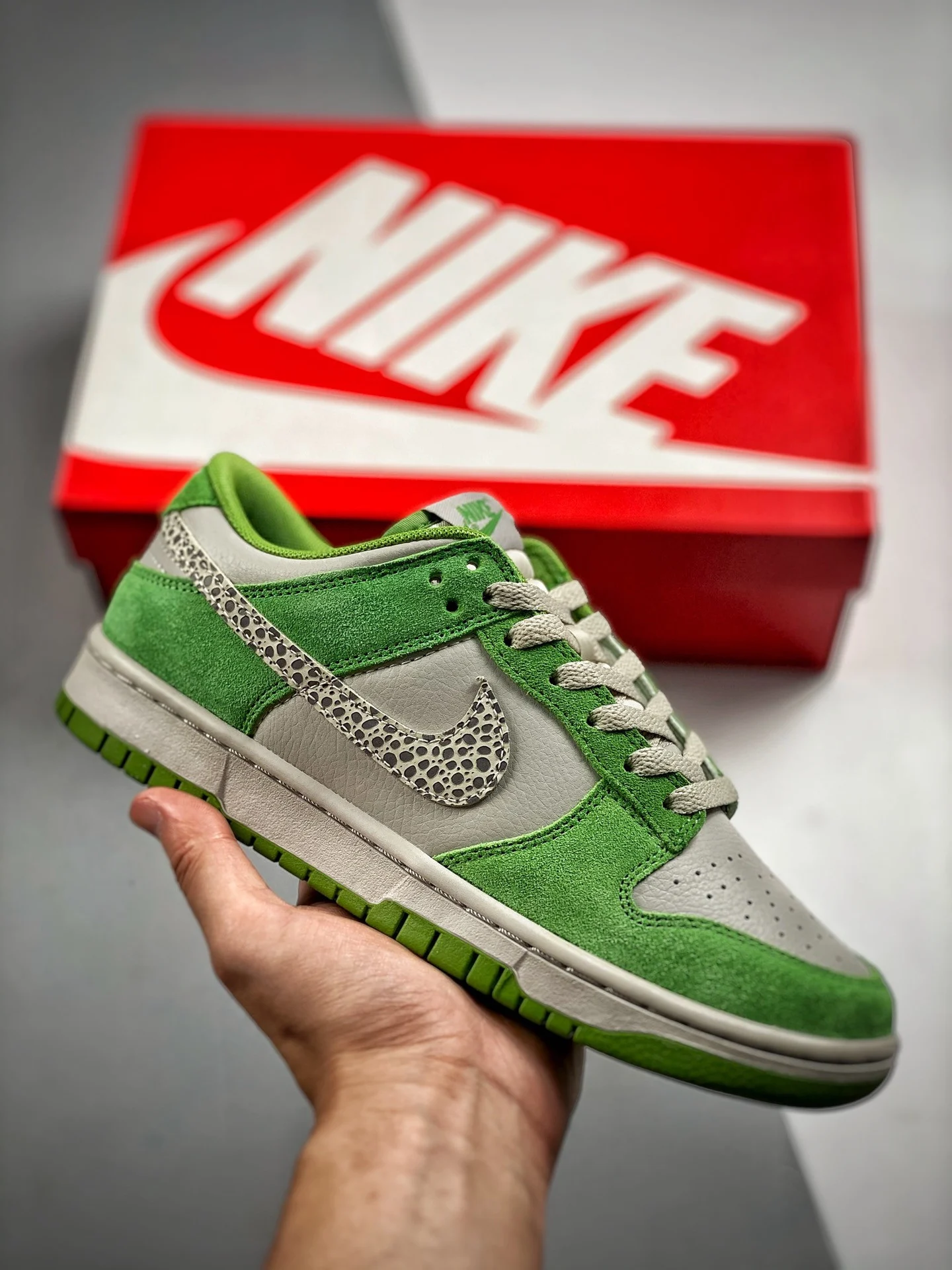 Nike Dunk Low Safari Swoosh Chlorophyll Light Iron Ore-Cave Stone For Sale