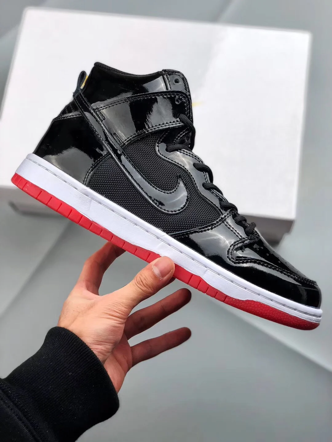 Nike SB Dunk High Bred Black White-Varsity Red For Sale