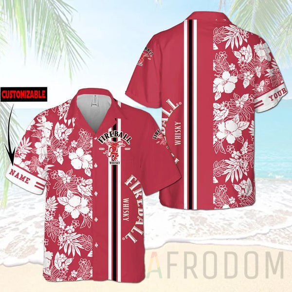 Personalized Tropical Hibiscus Fireball Whiskey Hawaiian Shirt