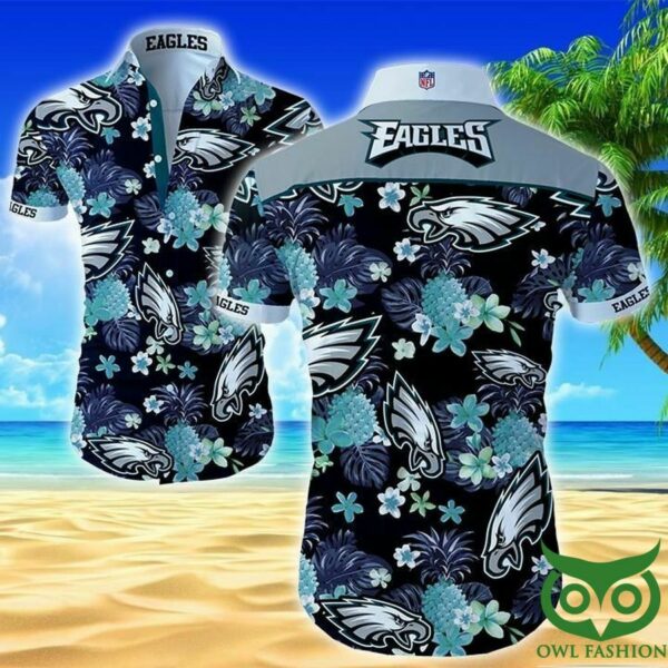 Philadelphia Eagles Turquoise Flowers Black Hawaiian Shirt