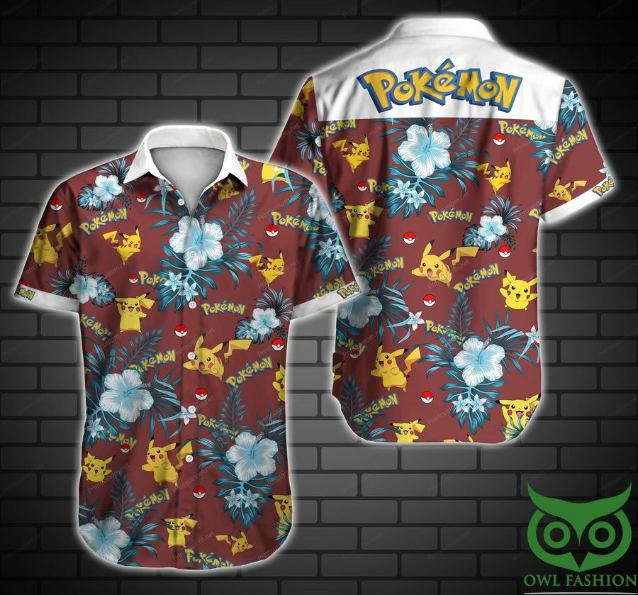 Pokemon Red Brown And White Flowers Hawaiian Shirt