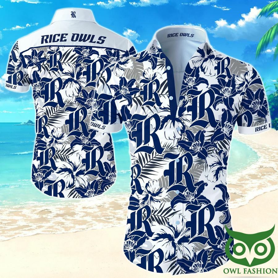 Rice Owls White And Dark Blue Flowers Hawaiian Shirt