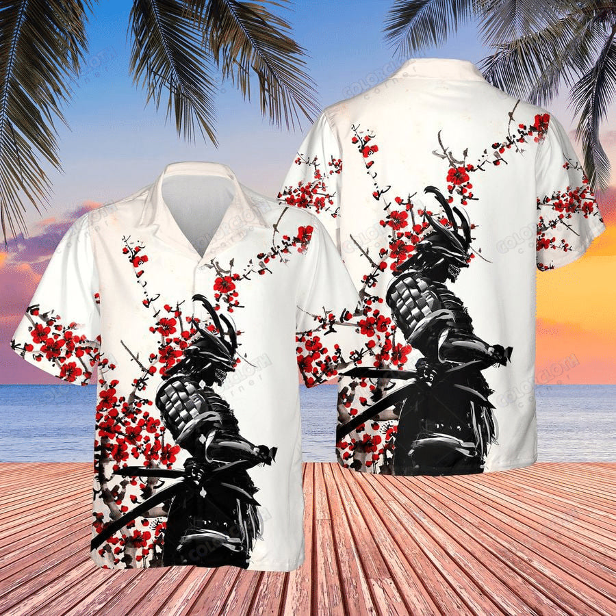 Samurai Warrior Red Flower Hawaiian Shirt