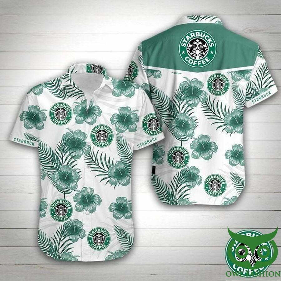 Starbucks Coffee White And Light Green Flowers Hawaiian Shirt