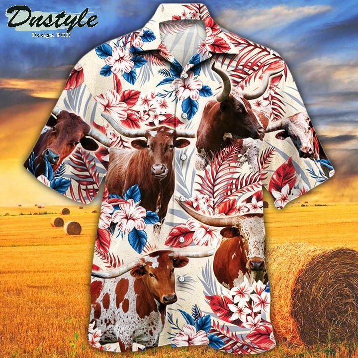 Tx Longhorn Cattle Lovers American Flag Hawaiian Shirt