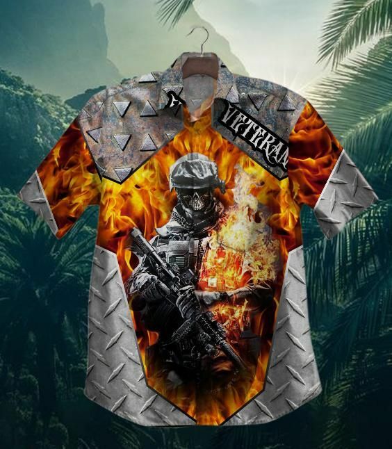 Us Army Skull Veteran In Fire Hawaiian Shirt