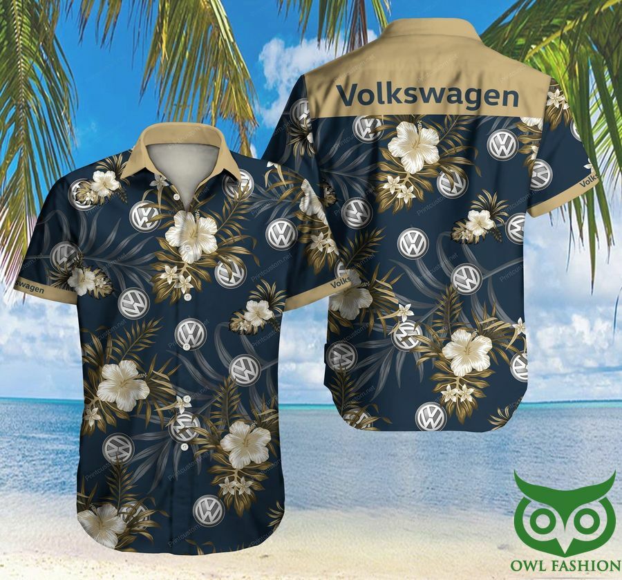 Volkswagen Car Gold Flowers Dark Blue Hawaiian Shirt