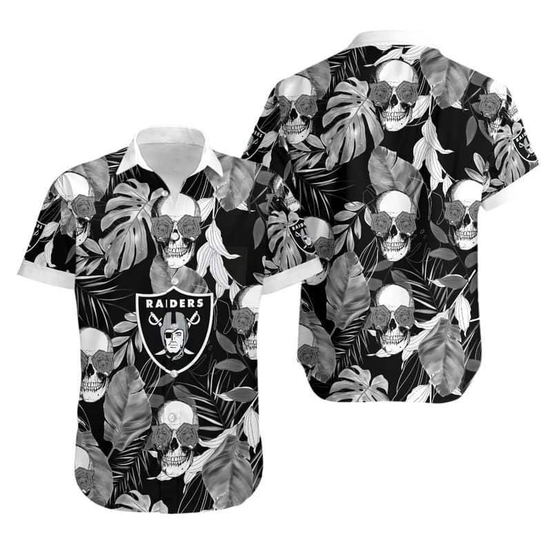 Las Vegas Raiders Coconut Leaves And Skulls On Dark Theme Hawaiian Shirt MA