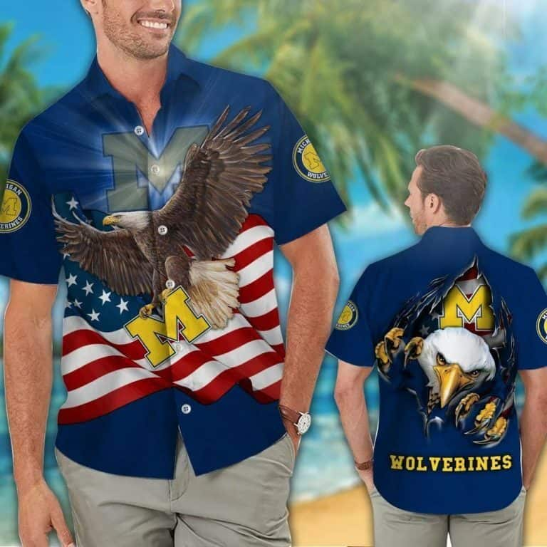 Michigan Wolverines Us Flag Eagle Independence Day 4Th Of July Hawaiian Shirt WS