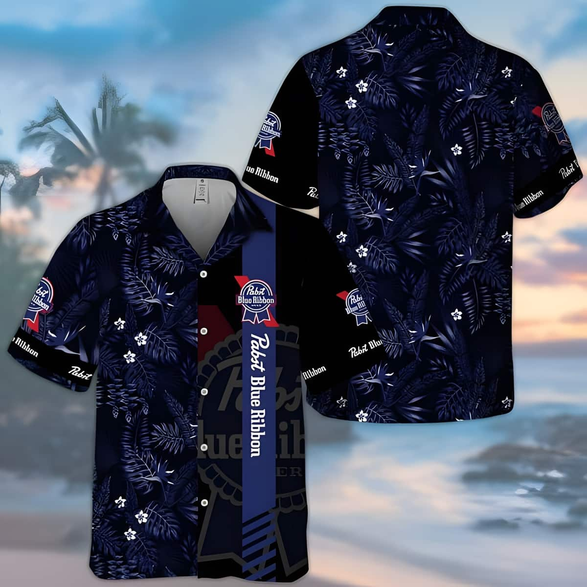 Midnight Pabst Blue Ribbon Tropical Foliage Him Hawaiian Shirt WI