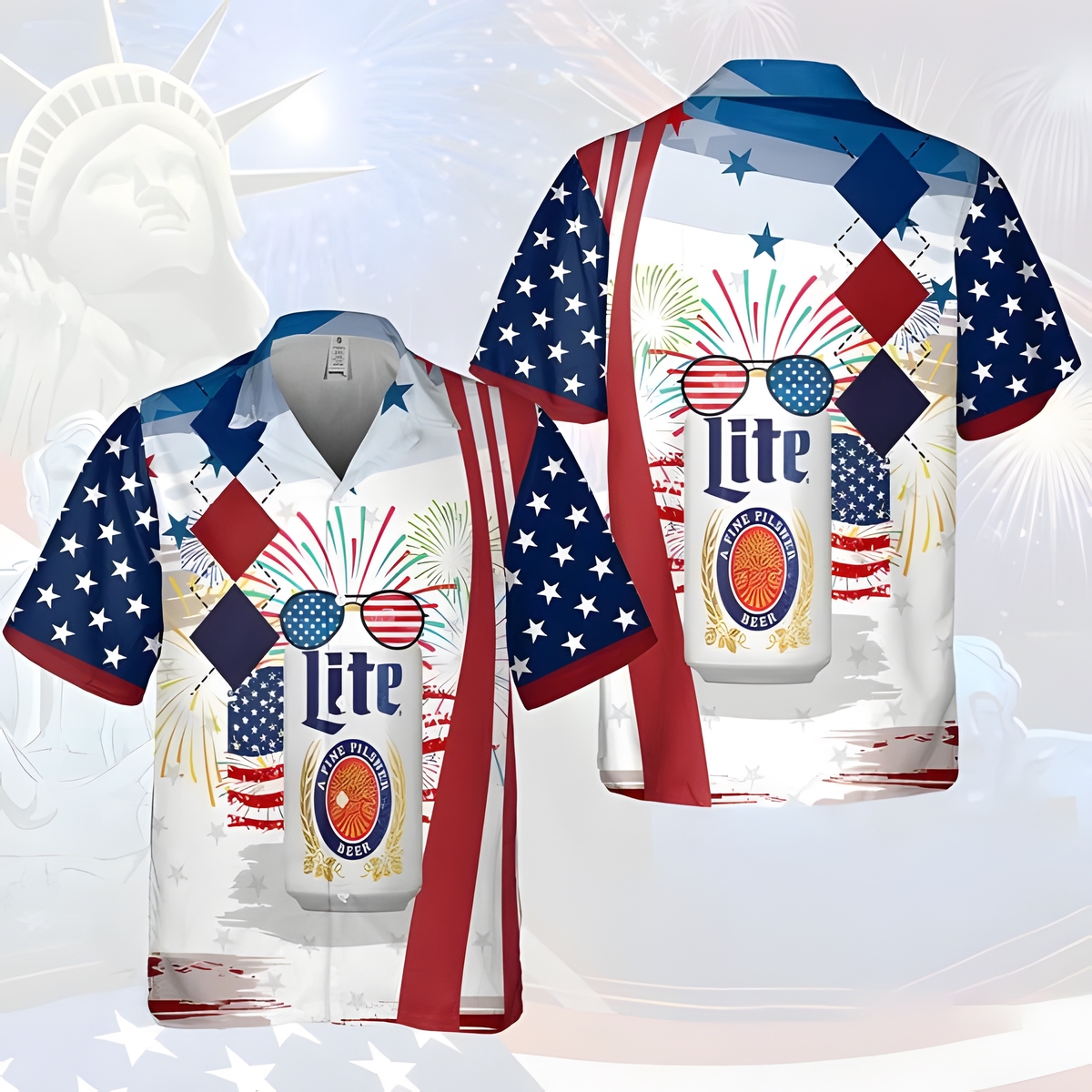 Miller Lite Usa Flag Fireworks Independence Day Beer Hawaiian Shirt GY