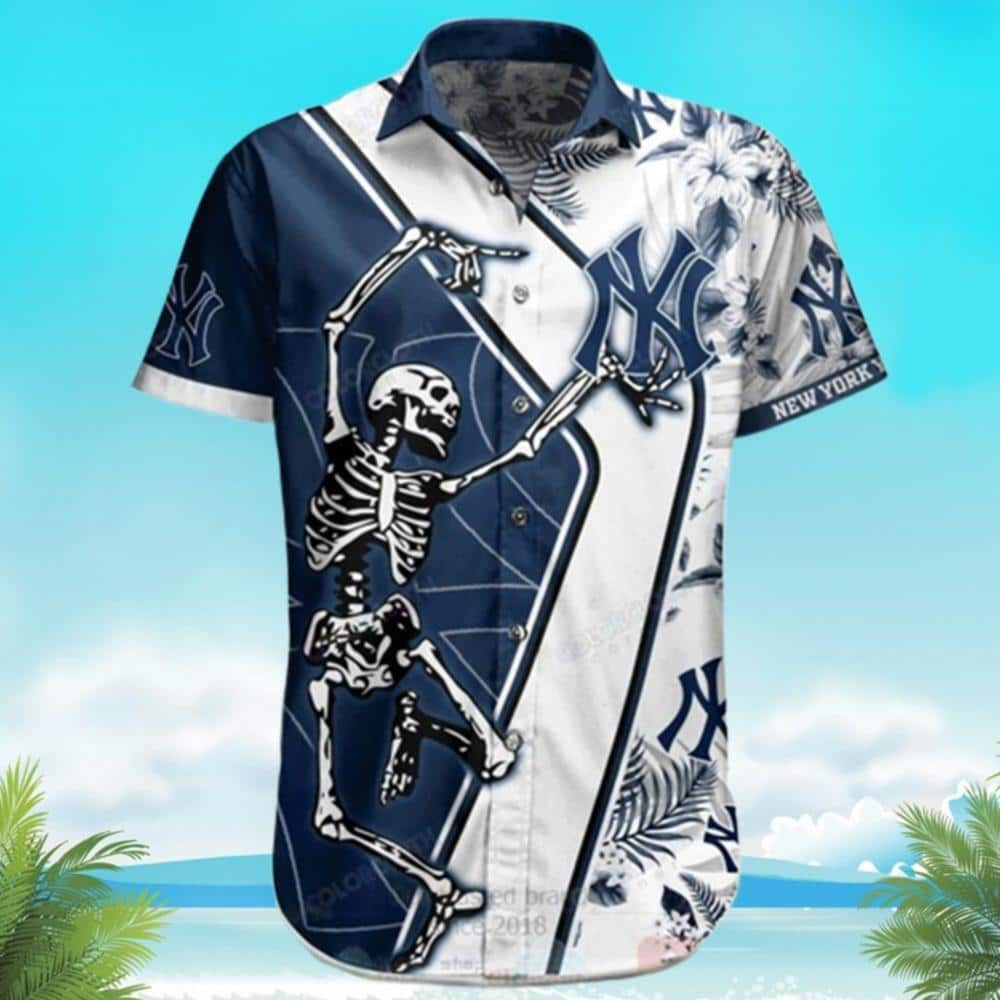 MLB New York Yankees Skeleton Tropical Flower Pattern Hawaiian Shirt BG