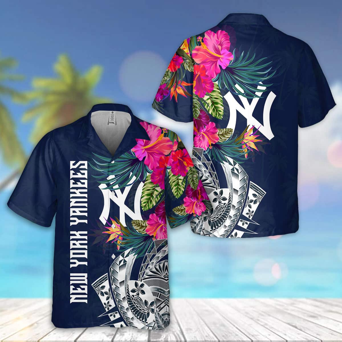 New York Yankees Tribal Tropical Flower Pattern Hawaiian Shirt QA