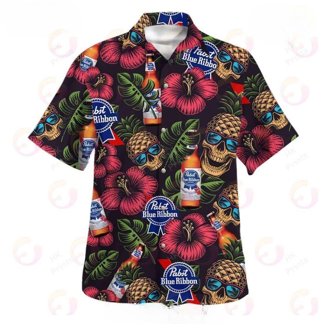 Pabst Blue Ribbon Beer Skull Pineapple Hibiscus Flower Palm Leaves Hawaiian Shirt KN