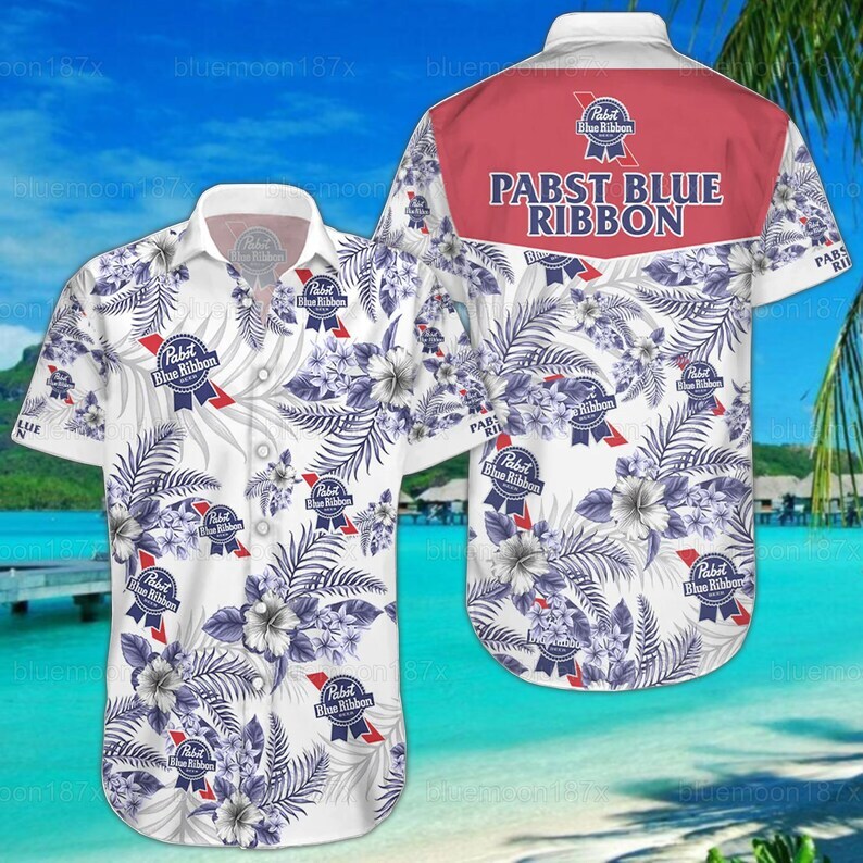 Pabst Blue Ribbon Beer Tropical Flower Pattern Hawaiian Shirt PG