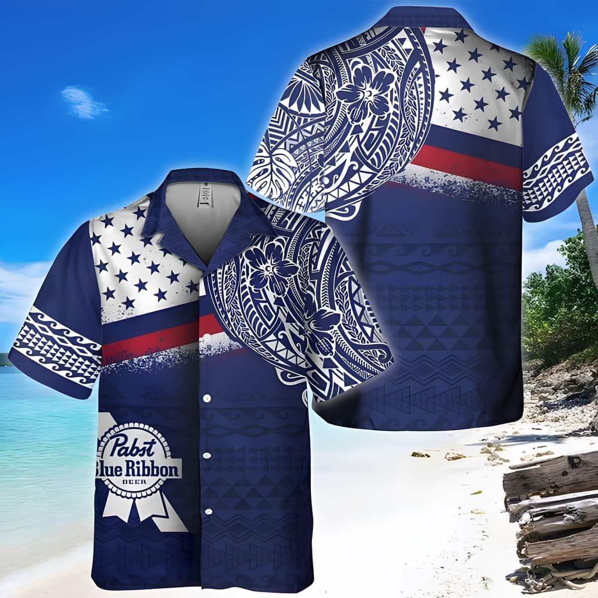 Pabst Blue Ribbon Polynesian Pattern Hawaiian Shirt MX