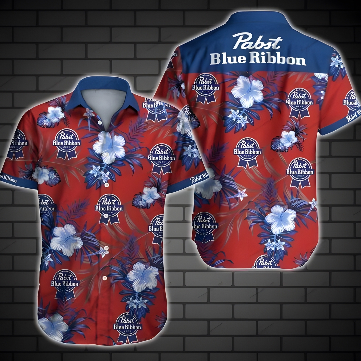 Pabst Blue Ribbon Tropical Flower Pattern Hawaiian Shirt VC