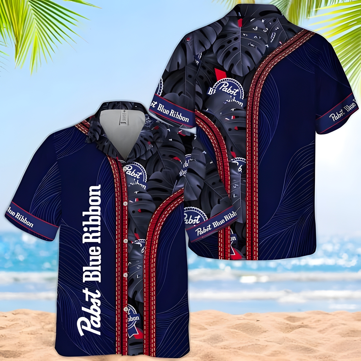 Pabst Blue Ribbon Tropical Monstera Hawaiian Shirt LL