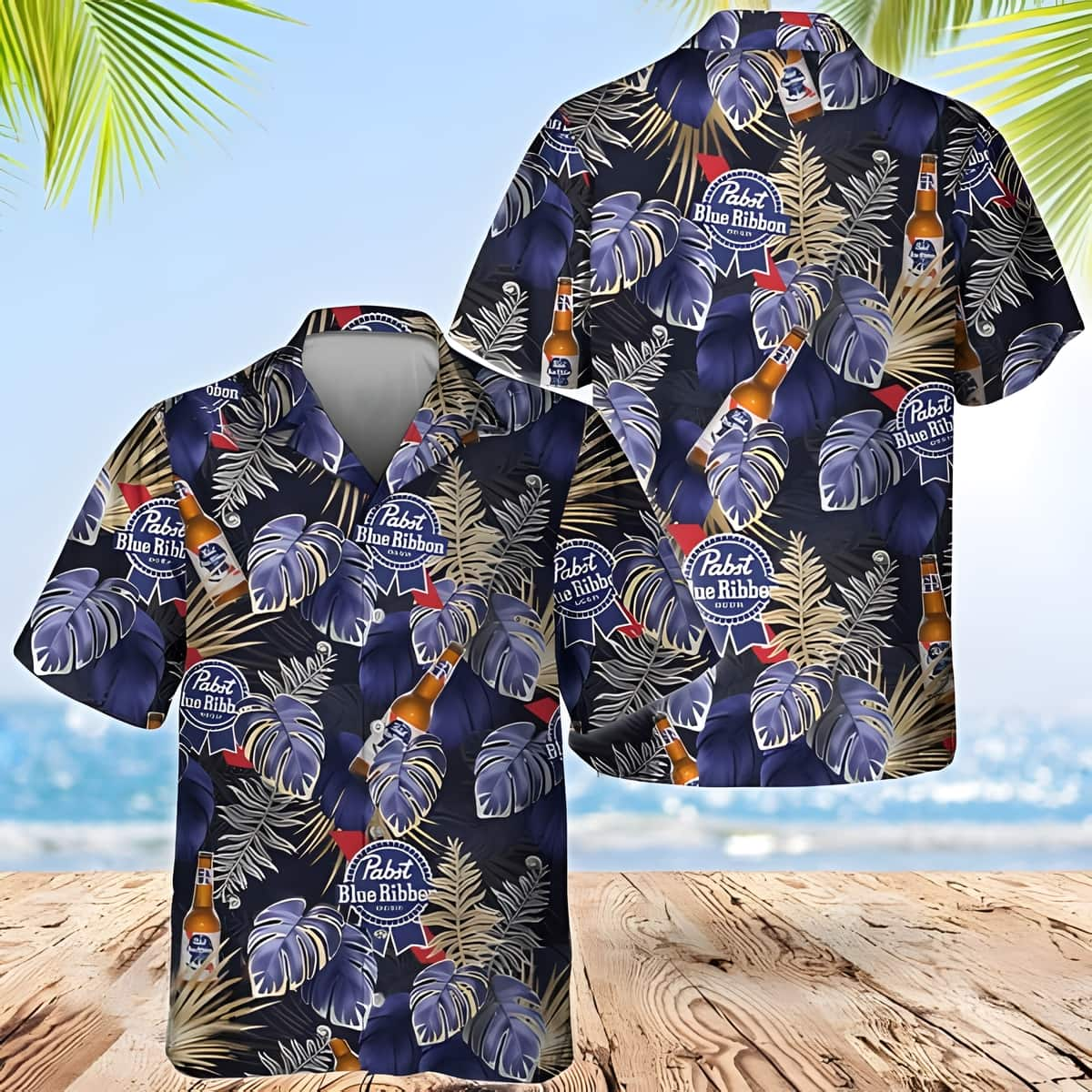 Pabst Blue Ribbon Tropical Palm Leaves Hawaiian Shirt LU