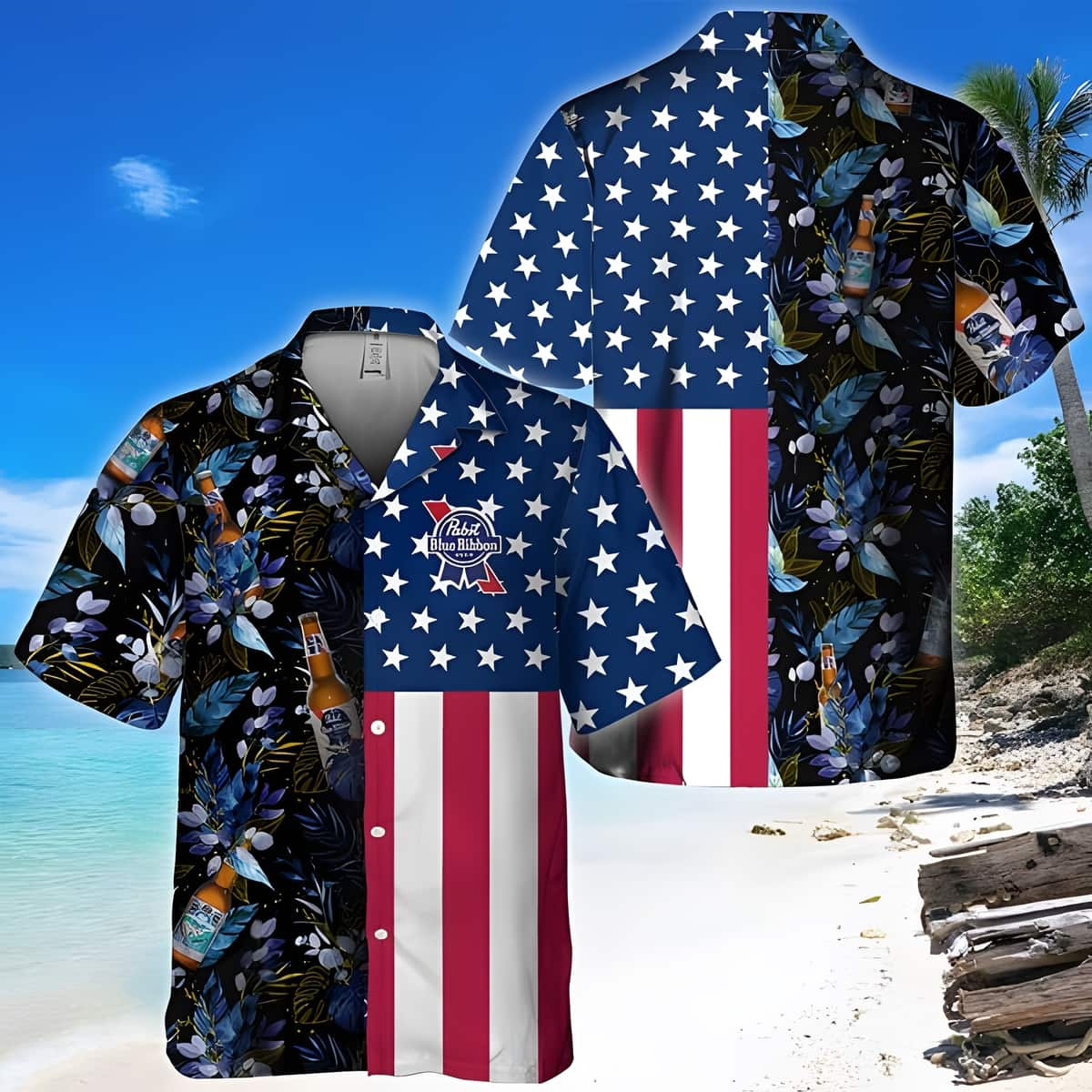 Pabst Blue Ribbon Us Flag Tropical Flowers Beer Hawaiian Shirt RY