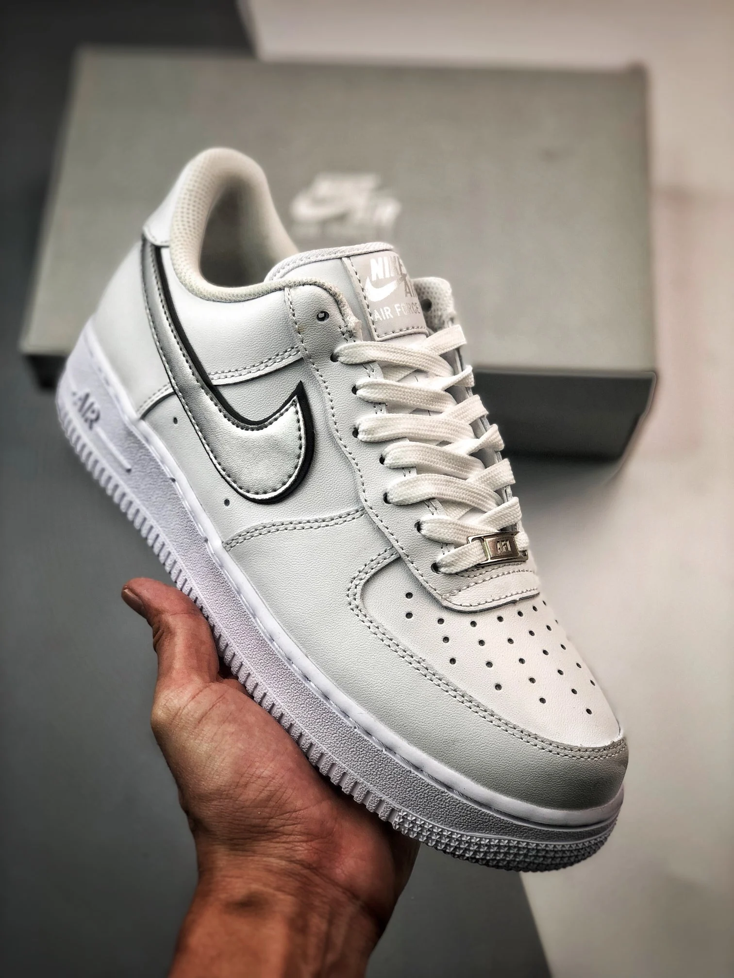 Nike Air Force 1 Low Silver Swooshes White Metallic Silver-Black For Sale