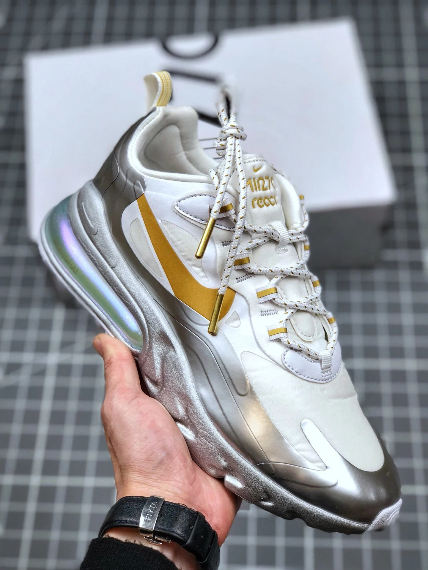 Nike Air Max 270 React City of Speed White Metallic Silver For Sale