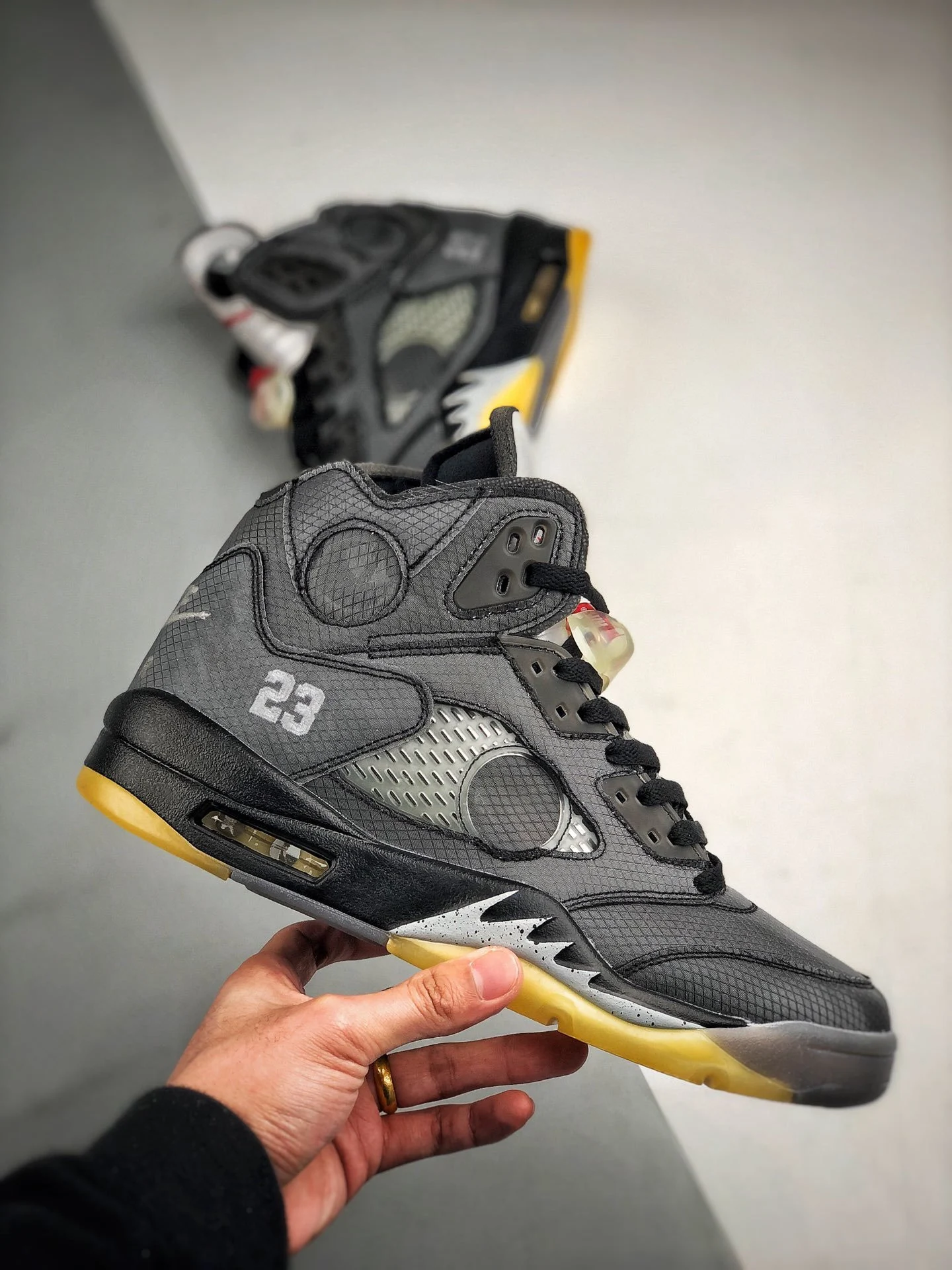 Off-White x Air Jordan 5 Black Muslin-Fire Red For Sale