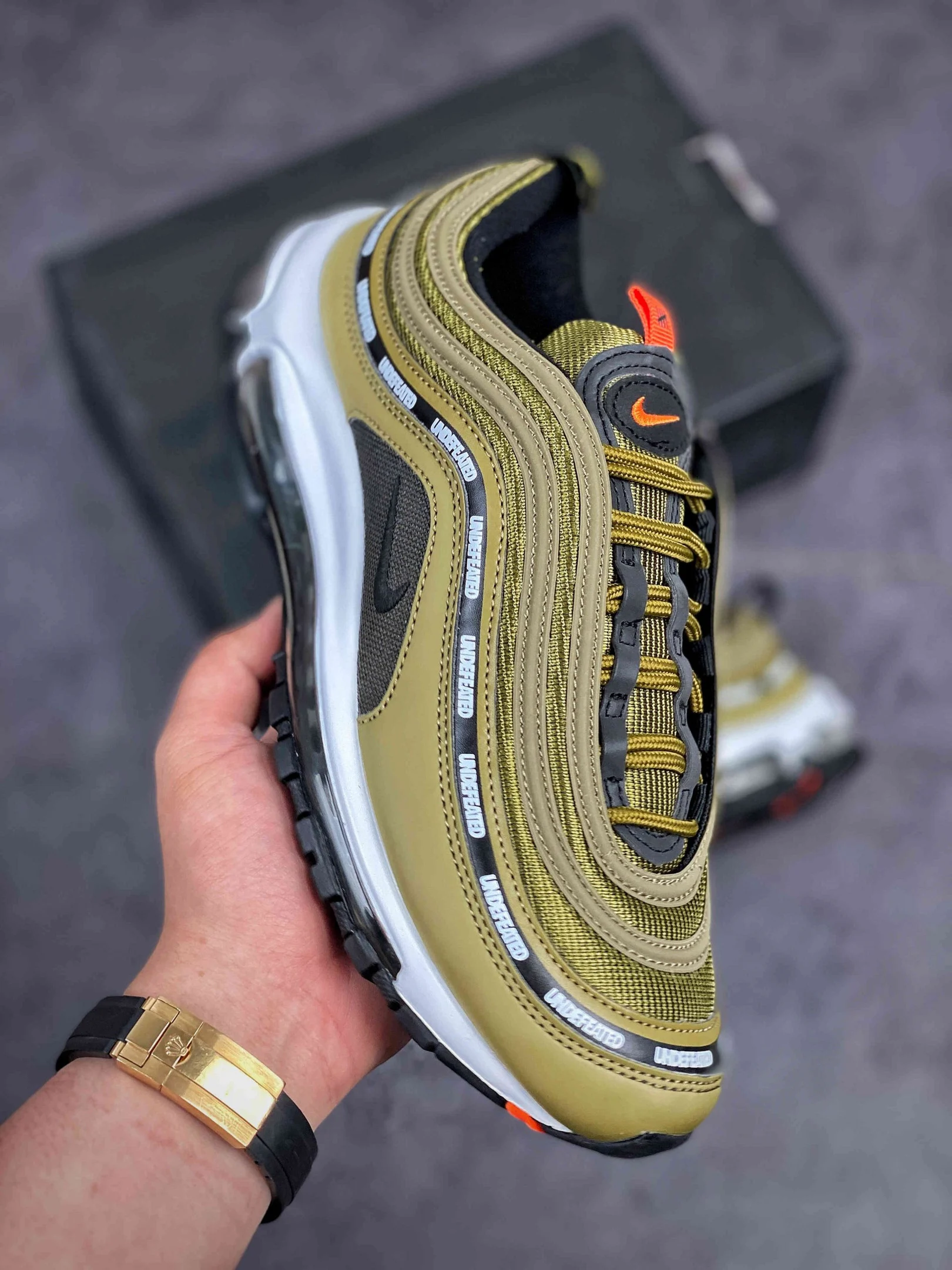 Undefeated x Nike Air Max 97 Militia Green Black-Orange Blaze-White For Sale