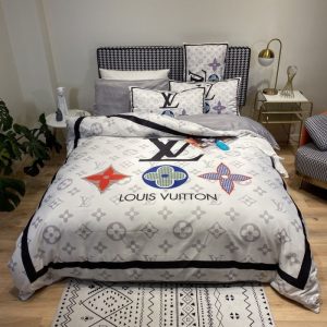 Louis Vuitton Logo Brand Bedding Set Bedspread Bedroom Home Decor Luxury