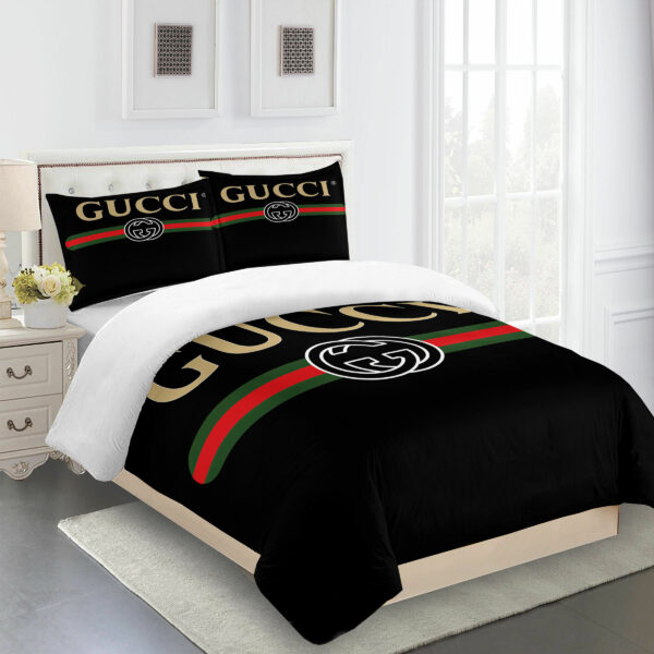 Gucci Black And Red Gold Logo Brand Bedding Set Luxury Bedroom Bedspread Home Decor