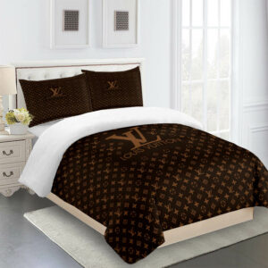 Full Brown Louis Vuitton Logo Brand Bedding Set Bedroom Luxury Home Decor Bedspread