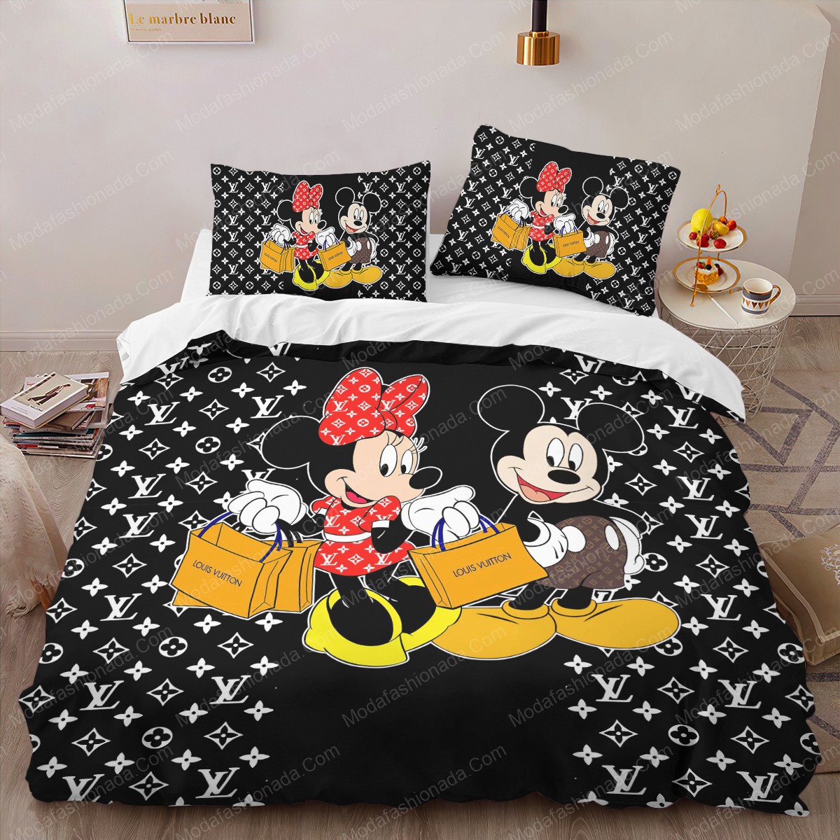 Louis Vuitton Mickey Mouse Logo Brand Bedding Set Luxury Home Decor Bedroom Bedspread