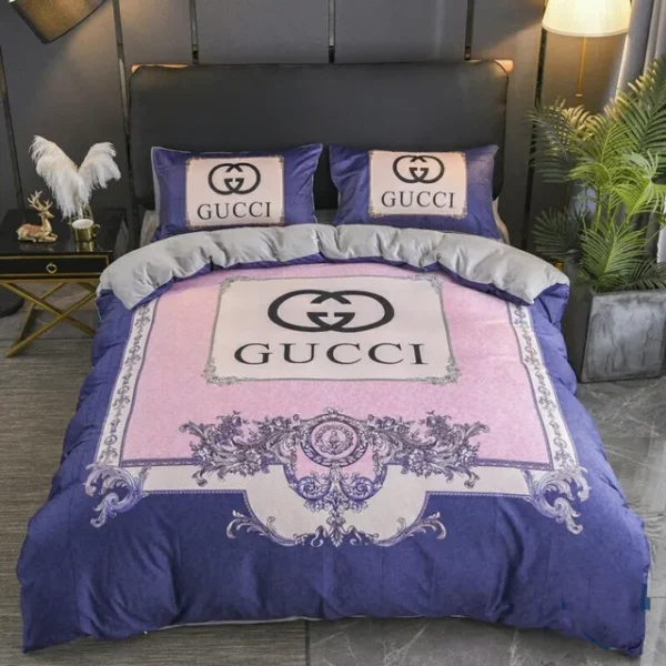 Gucci Pink Blue Logo Brand Bedding Set Bedroom Bedspread Home Decor Luxury