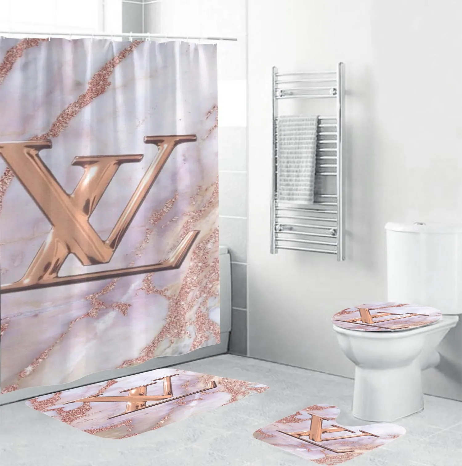 Louis Vuitton Lv Louis Vuitton Bronzein Marble Background Bathroom Set Bath Mat Hypebeast Luxury Fashion Brand Home Decor