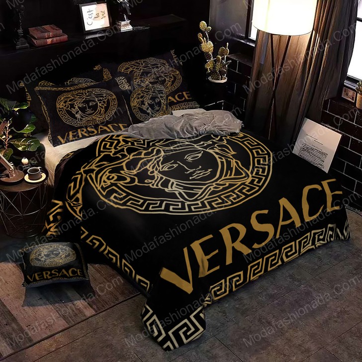 Black And Gold Versace Logo Brand Bedding Set Bedspread Home Decor Luxury Bedroom